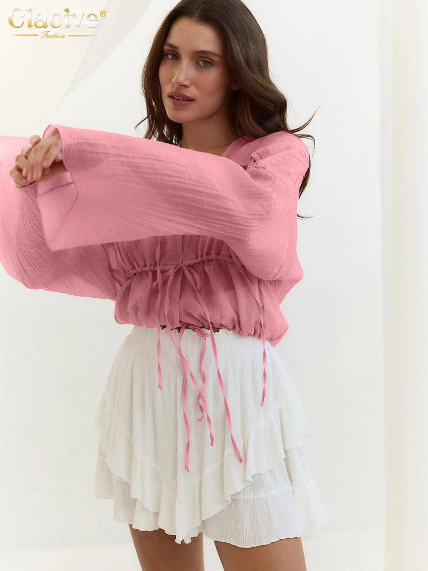 Clacive Fashion Loose Pink Women's Shirt 2025 Sexy V-Neck Long Sleeve Shirts Elegant Classic Lace-Up Solid Tops Female Clothing