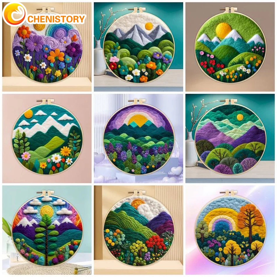 

CHENISTORY Wool Felt Painting Diy Creative Making Wool Felt Kit With Embroidery Colorful Scenery Needle Wool Painting Complete K