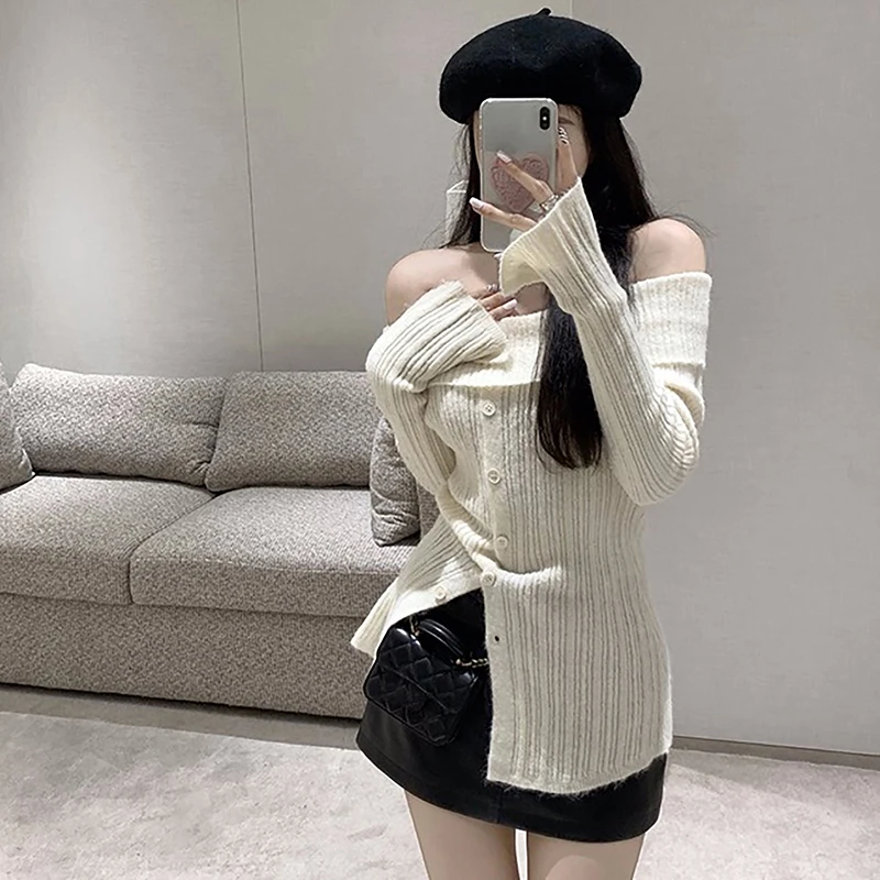 Vintage Button Up Solid Elegant Women Slash Neck Long Sleeve Knitted Sweater