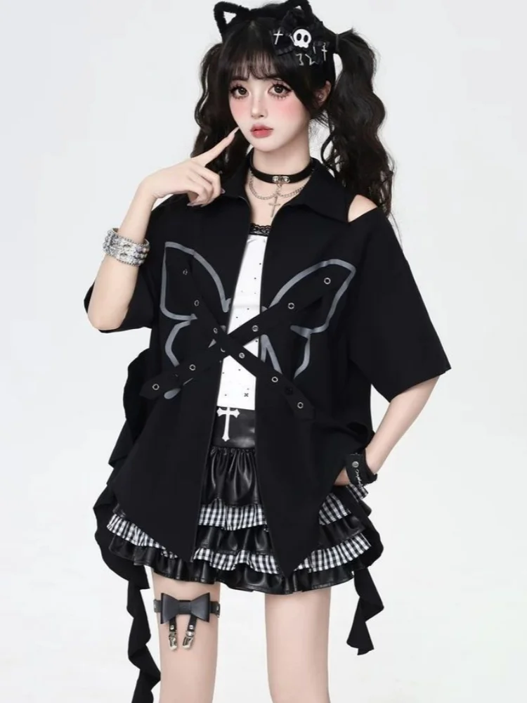 

Loose Baggy Zipper Cardigan Shirts Half Sleeve Butterfly Rivet Ruffles Ribbon Sweet Junior Loose Blouse Summer Tops Harajuku Y2K