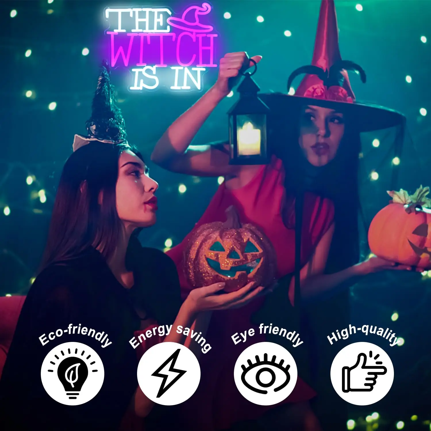 The Witch Is In LED Neon Sign for Wall Decor Halloween Witch Hat Purple Dimmable Gothic Lamp Haunted Mansion House Party