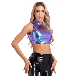 Women Metallic Mock Neck Crop Top Rave Dance Shiny Sleeveless Slim Fit Tank Tops Mini Vest for Party Carnival Nightclub Costumes