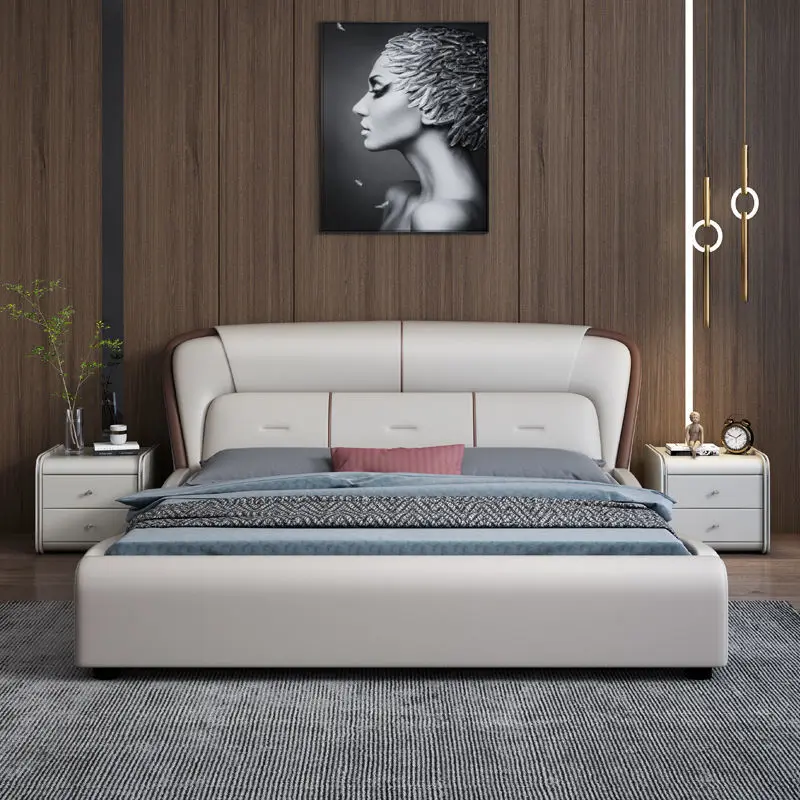 

Z Современная двуспальная кровать King Bed Frame Отель Гостиная Мебель для спальни Домашняя низкая кожаная кровать Спальный комплект Роскошный классический деревянный комплект