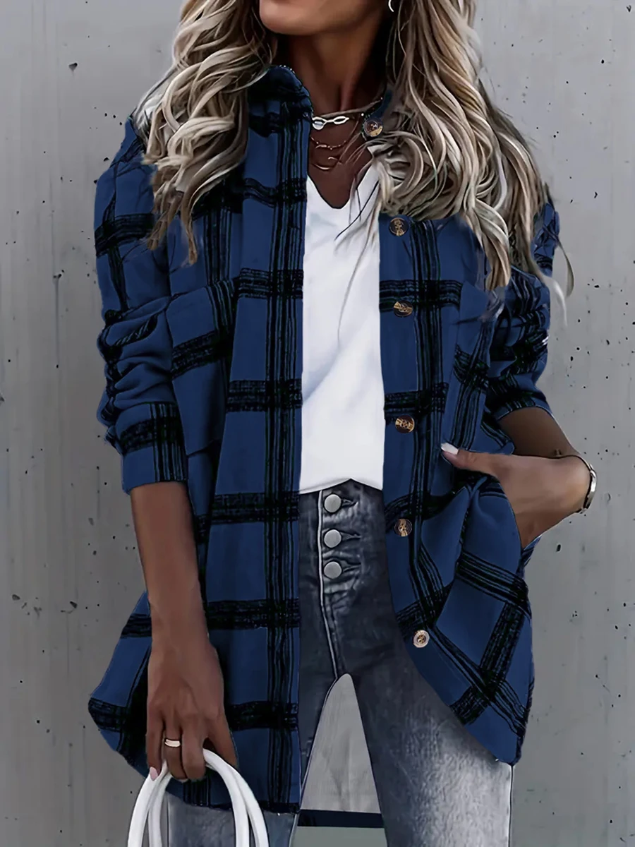 Damen Freizeithemd Schwarz-Weiß Kariert mit Knöpfen Langarm-Bluse mit Taschen Modische Koreanische Frühlings- und Sommerkleidung – Detail 3