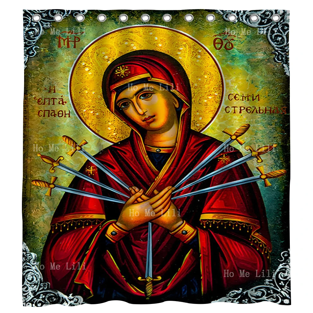 Sorrowful Virgin Mary Seven Swords Greek Christian Orthodox Icon The Mother Of God Shower Curtain For Bathroom Decor