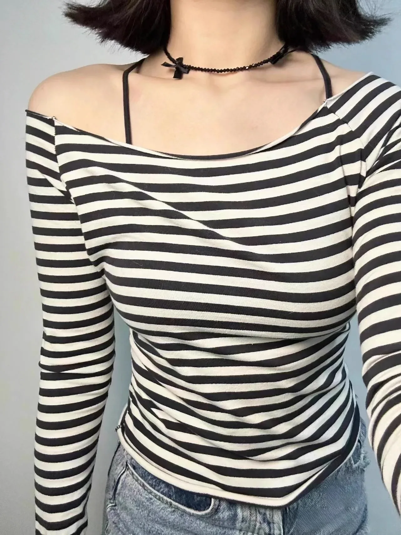 Sweet Women white Tank Top 2024 Fashion Summer Ladies Striped line shoulder off shoulder cotton long sleeve Female T-shirt top