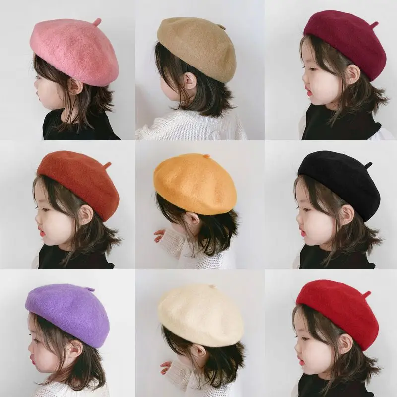 

Solid Color Woolen Beret Children Girl Octagonal Pumpkin Cap 1-5year Baby Artist Painter Hat Winter Warm Kids Knitted Beanies