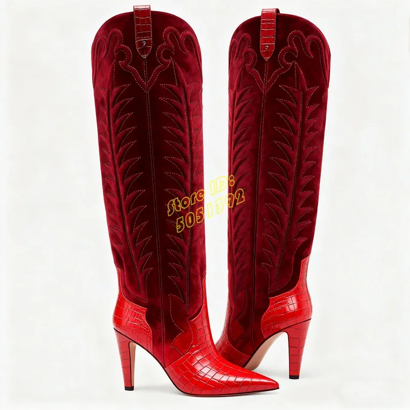 Patchwork Suede Knee High Boots Thin High Heel Sexy Pointy Toe Runway 2026 Winter Autumn Women Dress Shoes Slip On