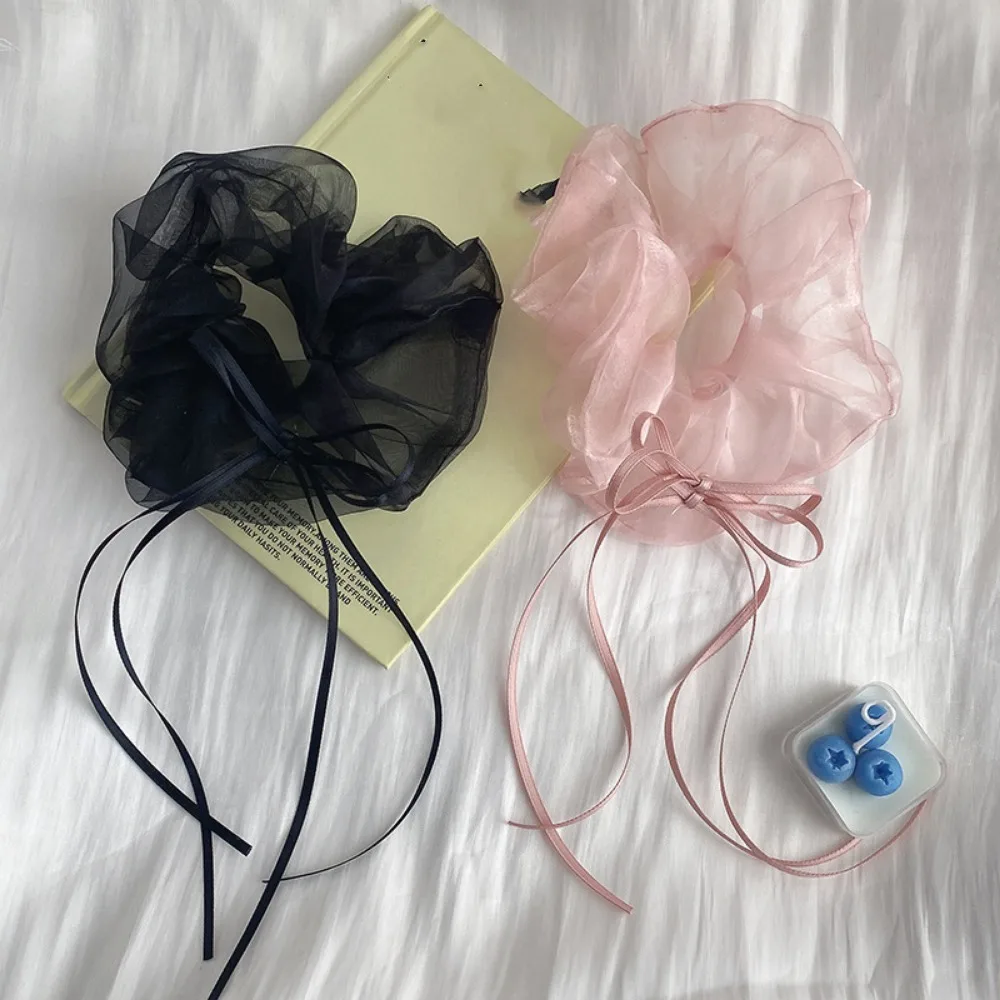 Light Weight Ruffle Design Organza Hair Circles Washable Soft Long Ribbon Bow Scrunchies Elastic Romantic Hair Ties Daily