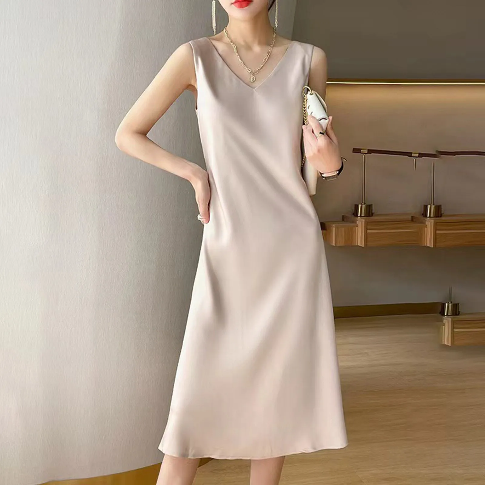 2025 Dress Women's Summer Large Size Skirt Satin Long Length Solid Color V-Neck Dress Fashion Cosmo Lady