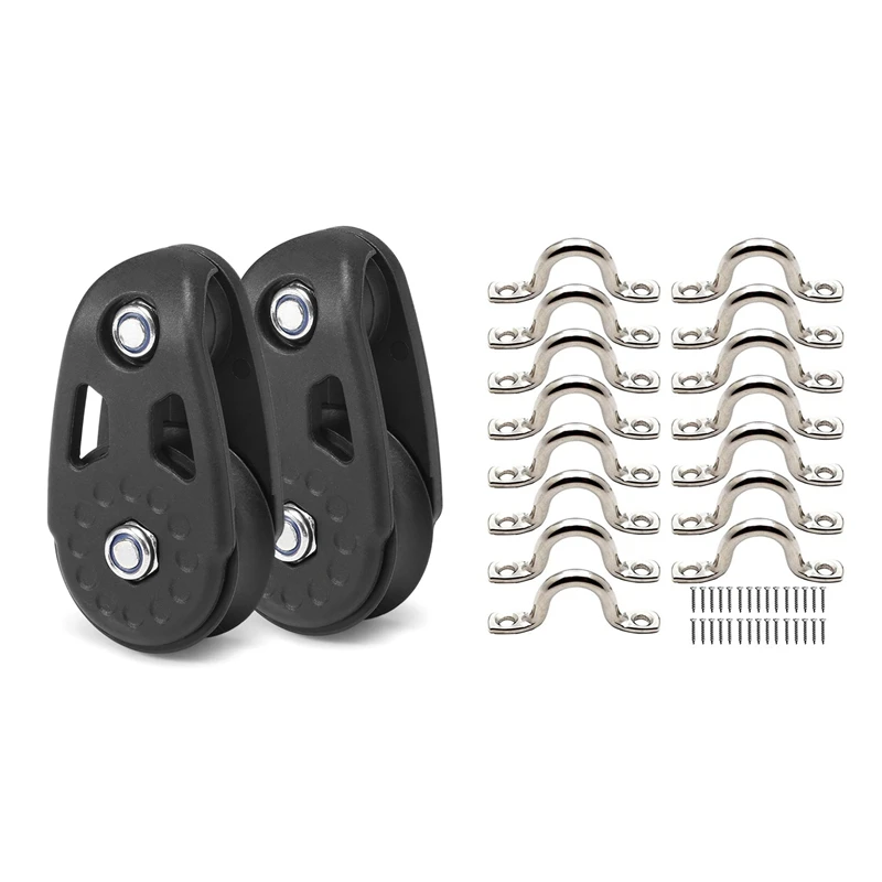 2 PCS Kayak Slide Rail Anchor Trolley Kit Pulley Blocks & 15Pcs Stainless Steel Peck Plate Eye Plates Ceiling Hook