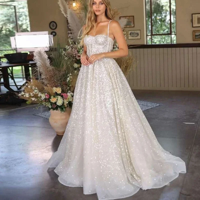 

Wholesale Modest Shiny Wedding Dresses for Women Boho Sweetheart Sequin Spaghetti Strap A-Line Robe Princess Wedding Bridal Gown