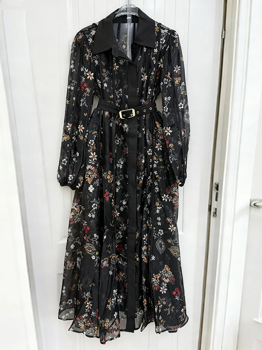 VGH Retro French Floral Dresses for Women Lapel Long Sleeve Patchwork Belt High Waisted Sheer Mesh Dress Female 2026 Spring New