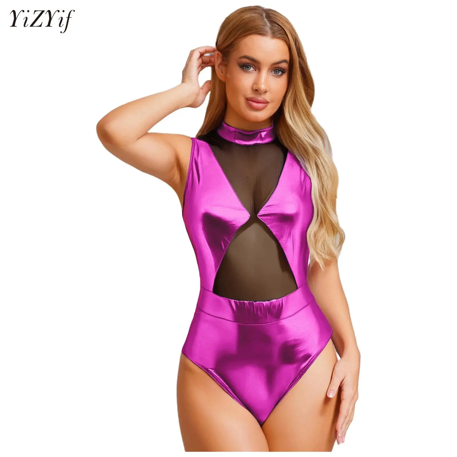 

Womens Metallic Mesh Bodysuit Chic Catsuit Clubwear Rave Outfit Invisible Zipper Back Leotard Body Top Pool Party Swimwear