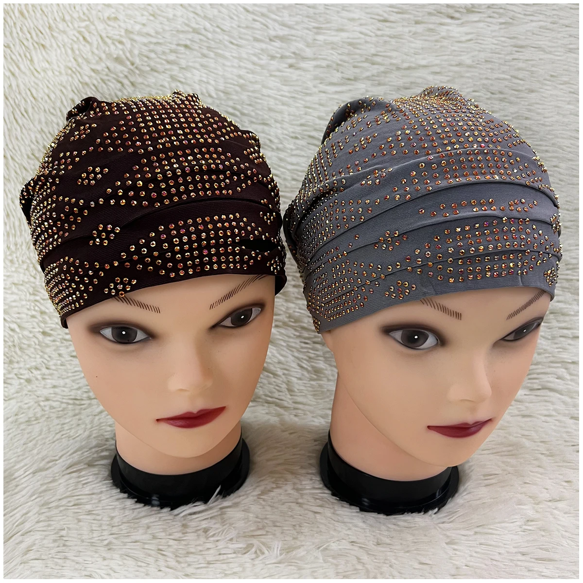 Wholesale Order 6/12 Pieces Fashion Muslim Female Turban Hat Velvet Hot Rhinestone Solid Indian Beanie Hair Bonnet Cap For Women