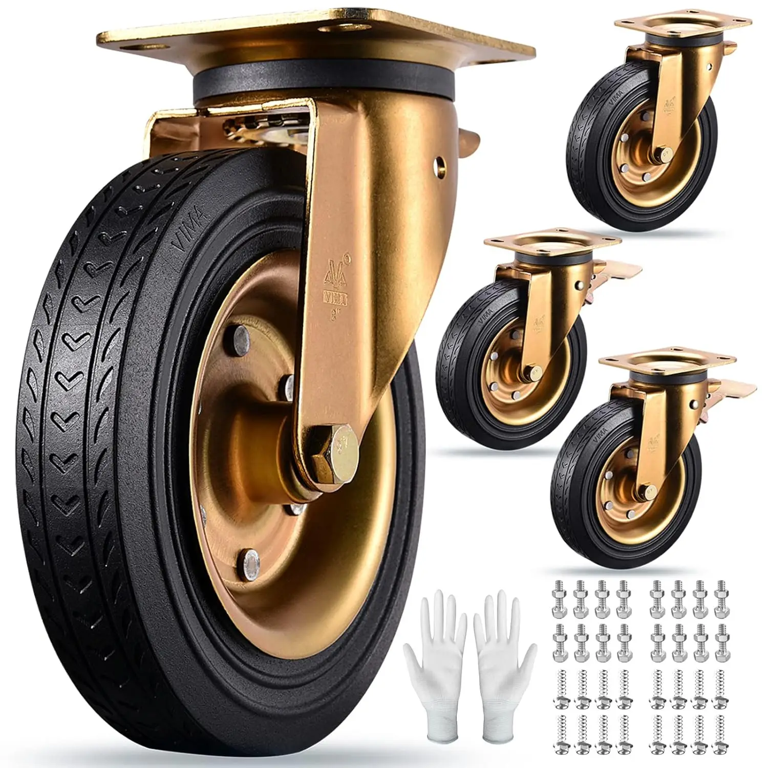 Set of 4 Heavy Duty Plate Casters 8 Inch Swivel Industrial Rubber Wheels for Cart Furniture and Workbench Locking Outdoor Dolly