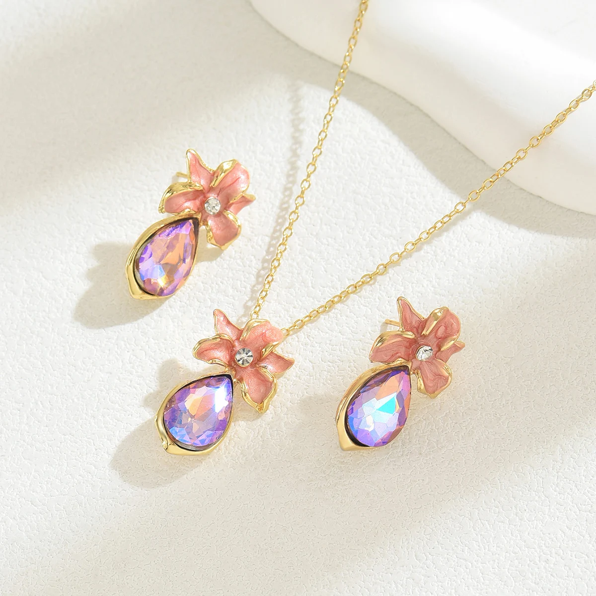 

3 PCS Colorful Crystal Jewelry Set Water Drop Muticolor CZ Necklace Dangle Earrings Chic Romantic Wedding Jewelry