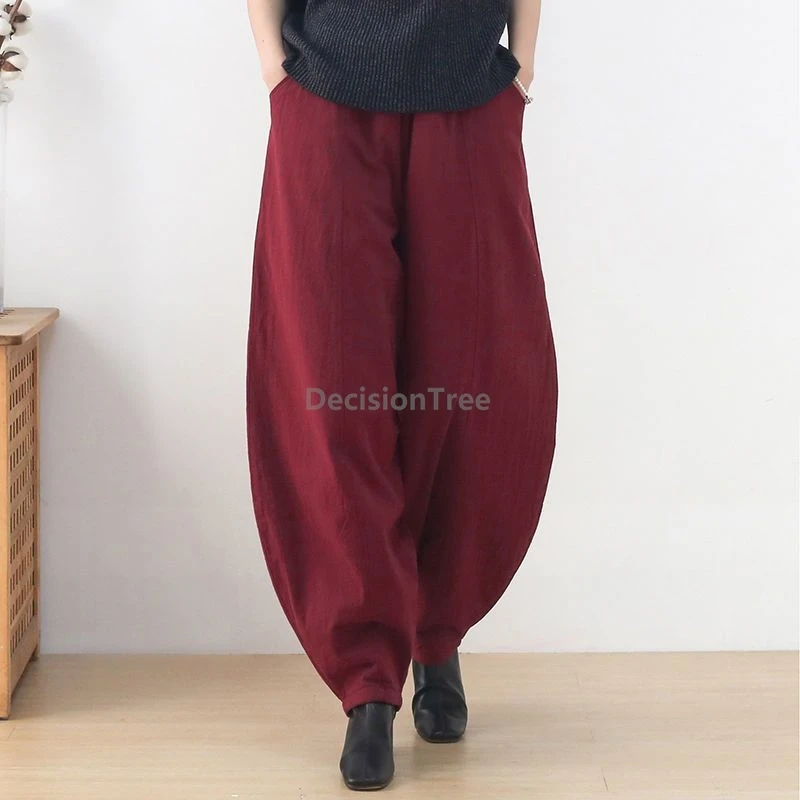 

2025 loose vintage elastic waist chinese cotton pants winter thicken wide leg cotton and linen pants zen temperament trousers
