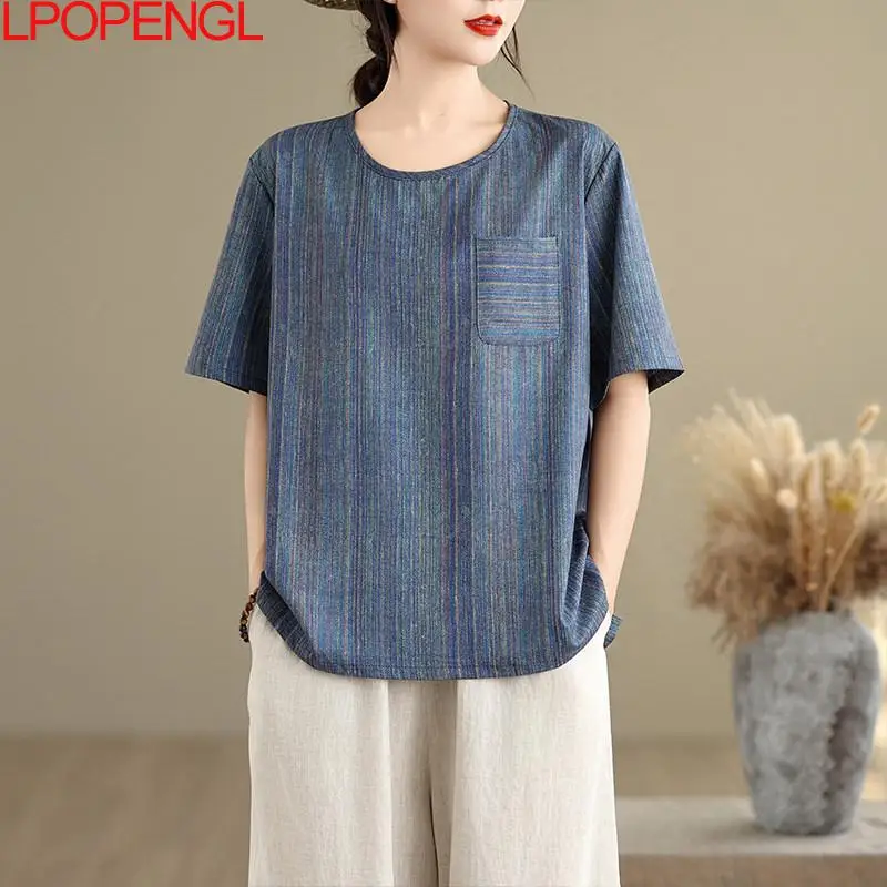2026 Fashion New Retro Color Striped Top Women's Summer Single Side Pocket T-shirt Short Sleeve Distressed Pullover O-neck Shirt