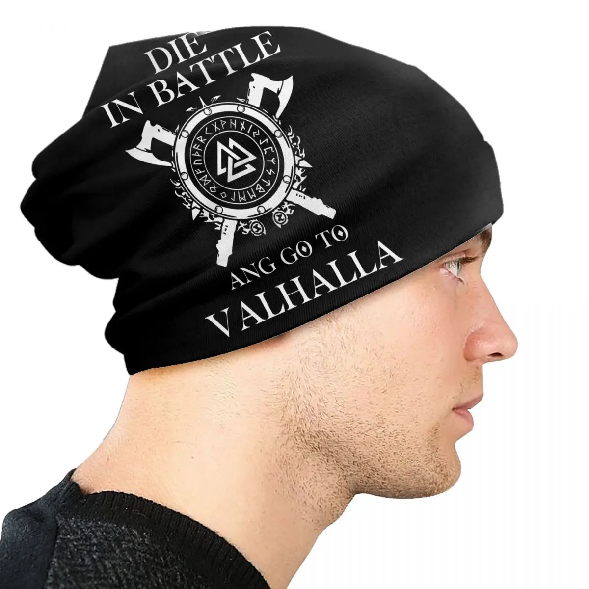 Die In Battle And Go To Valhalla Bonnet Hats Cool Knitted Hat For Men Women Autumn Winter Warm Viking Odin Skullies Beanies Caps