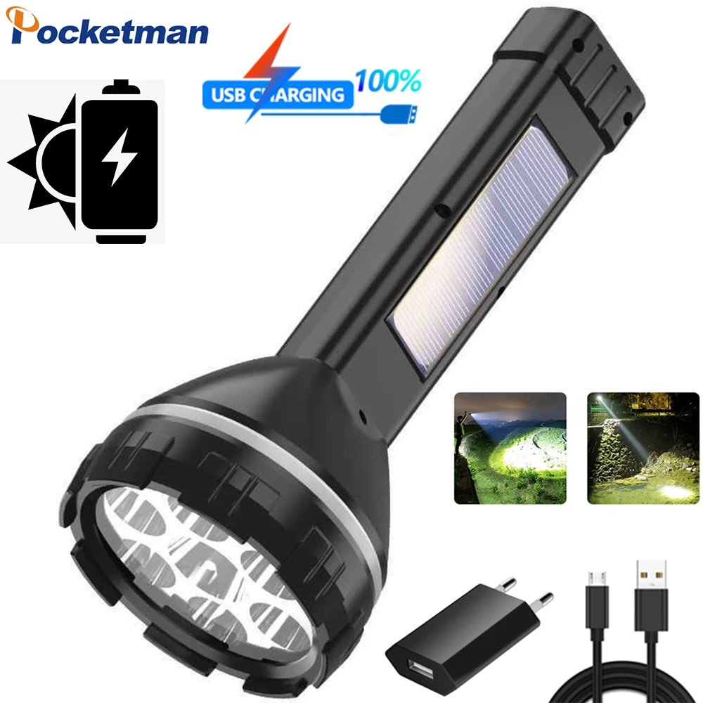 Solar Charging LED Flashlight Multifunctional USB Rechargeable Flashlights Waterproof Torch with Built-in Battery