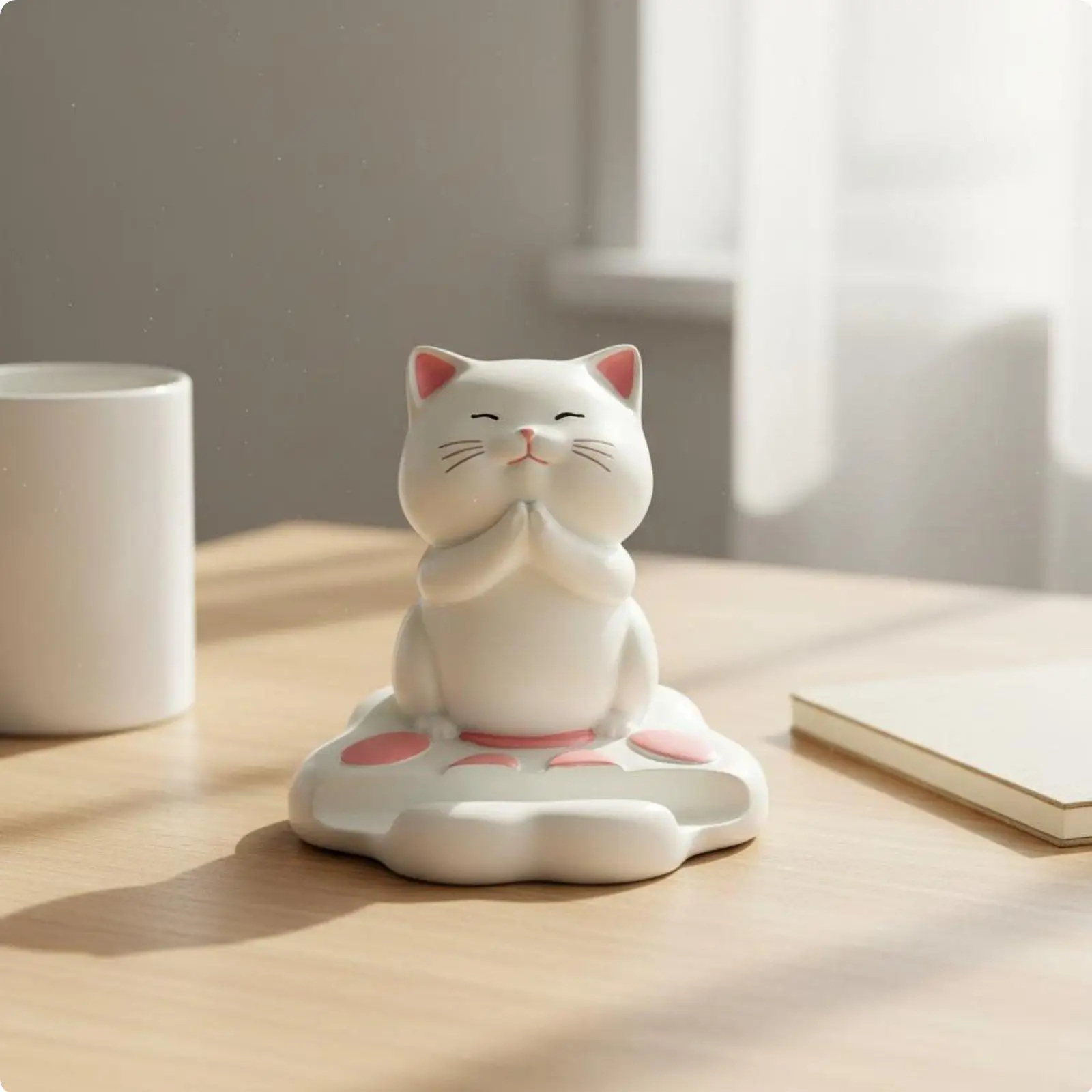 Cute Praying Cat Resin Figurine Artistic Phone Holder Desktop Mobile Accessory for Home Office Decor