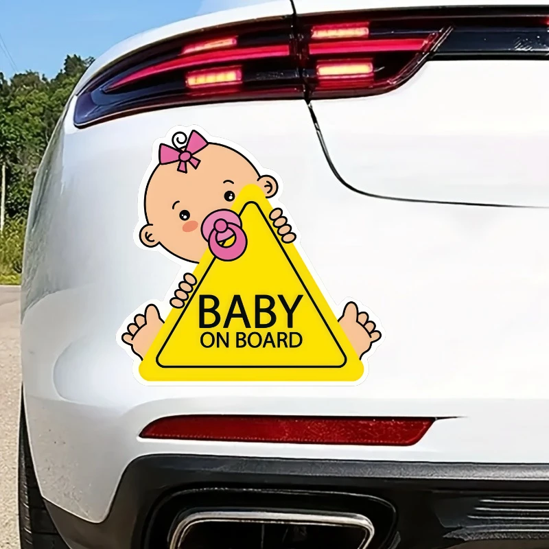 Cute Girl Infant Car Decal - Pink Bow Pacifier, Yellow Triangle "Baby On Board" Sign, Easy-to-Apply Waterproof Car Sticker