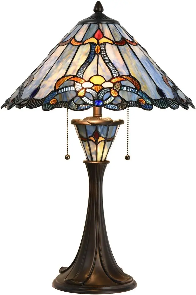 Bieye L10684 Baroque Tiffany Style Stained Glass Table Lamp With 16 Inch Wide Blue Shade Double Lit For Bedside Living Room