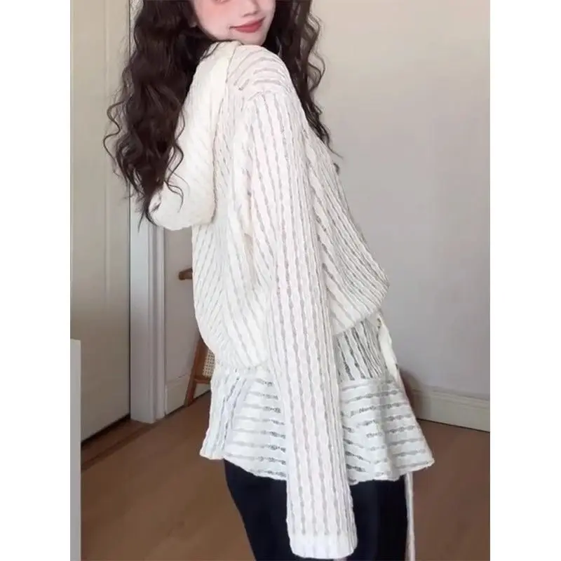 

Ezgaga Knitted Tops Women Hollow Out Lace Patchwork Ruffles Long Sleeve Hooded Autumn New Fashion T Shirts Female Casual