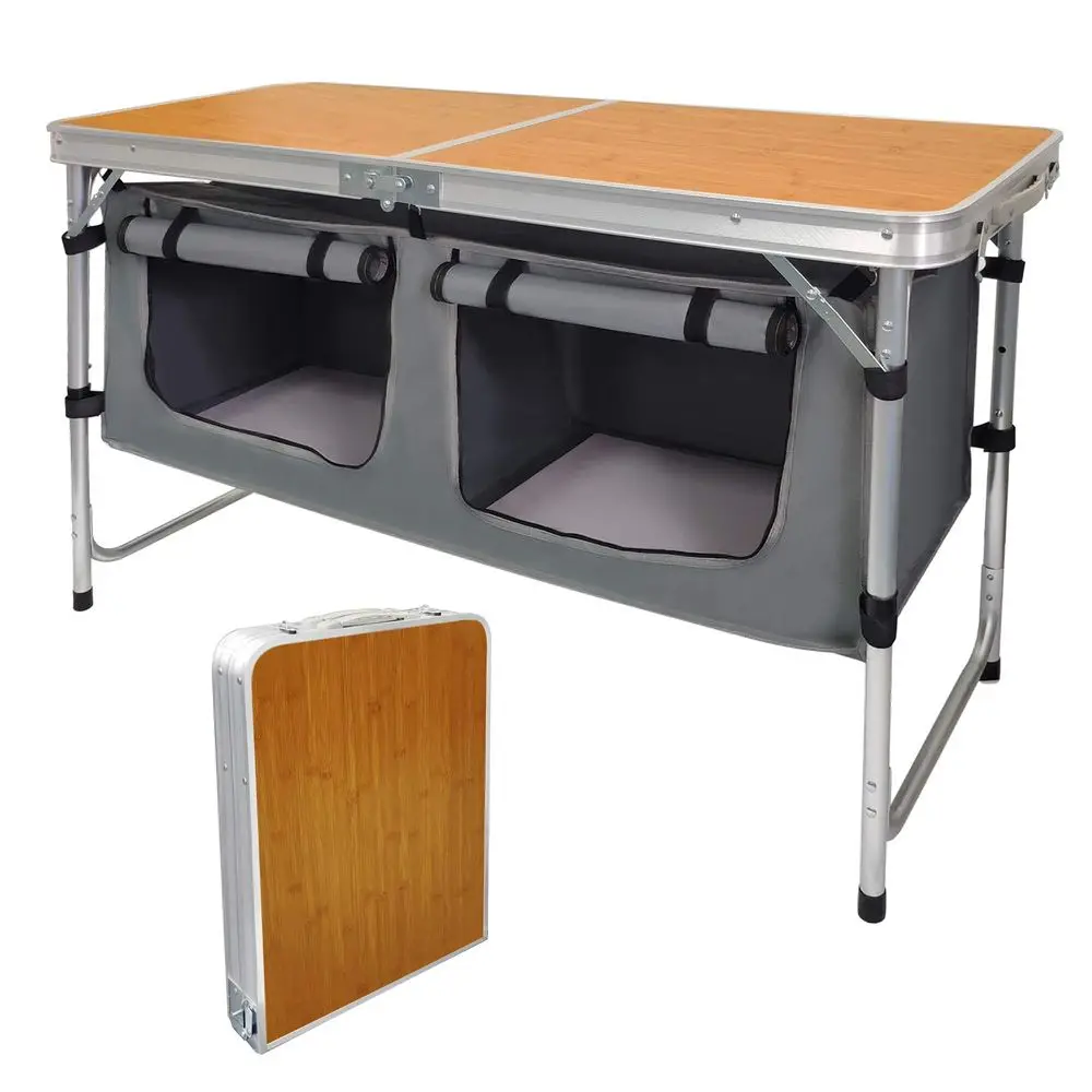 

Camping Table with Storage Lightweight Camp Tables Portable Indoor Outdoor Collapsible Table Height Adjustable Camp Kitchen Per