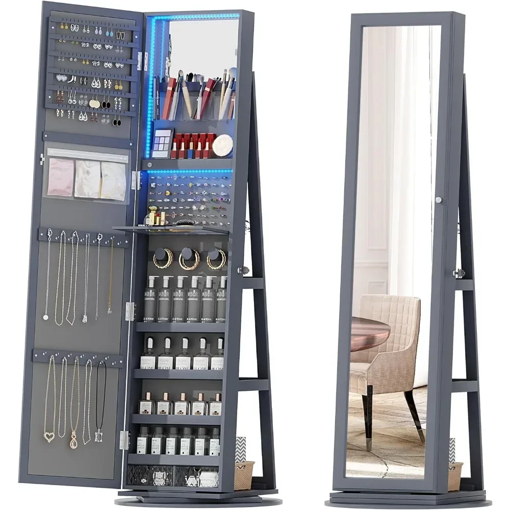 

360° Rotating LED Jewelry Armoire with Lockable,3 Color Dimmable Full Length Mirror with Makeup Tray