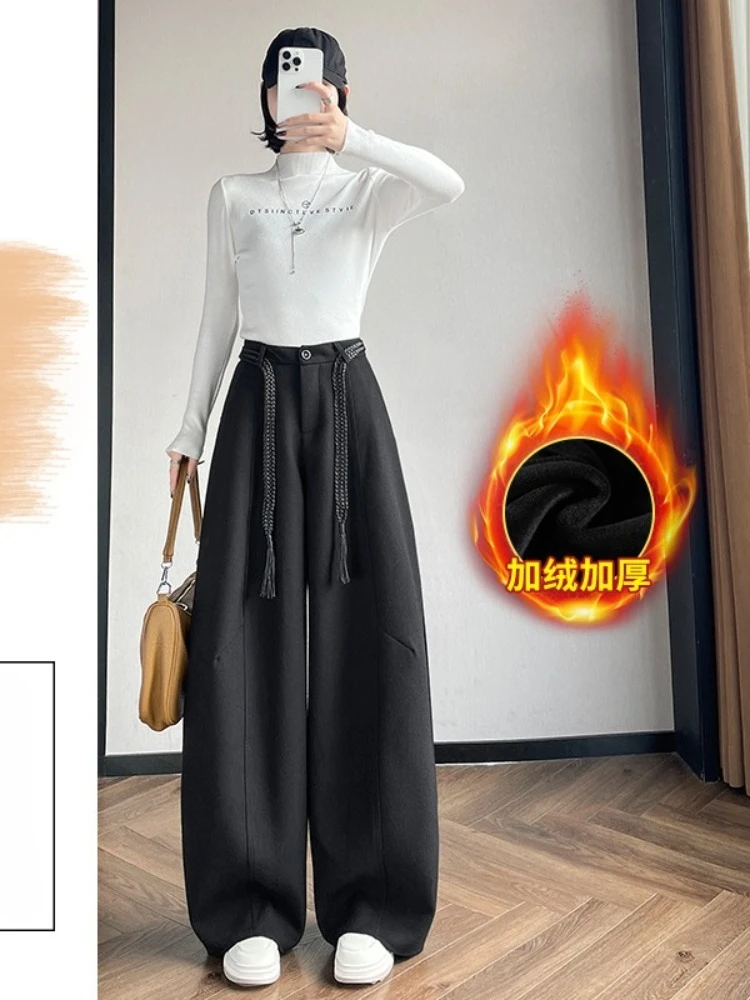 

Утолщенные широкие брюки с изогнутыми ножками, женские осенне-зимние высококачественные прямые свободные повседневные брюки-поло с высокой талией