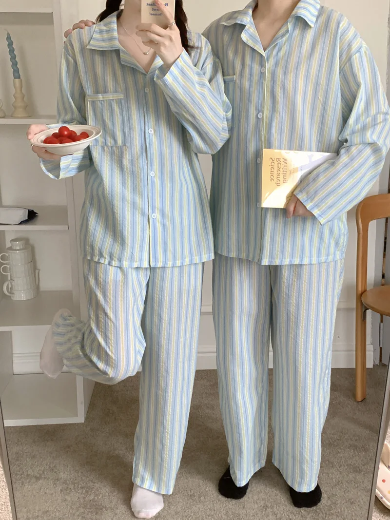 

striped print autumn pajamas set women single breasted shirts + trouser couple lovers home suit casual vintage sleepwear loose