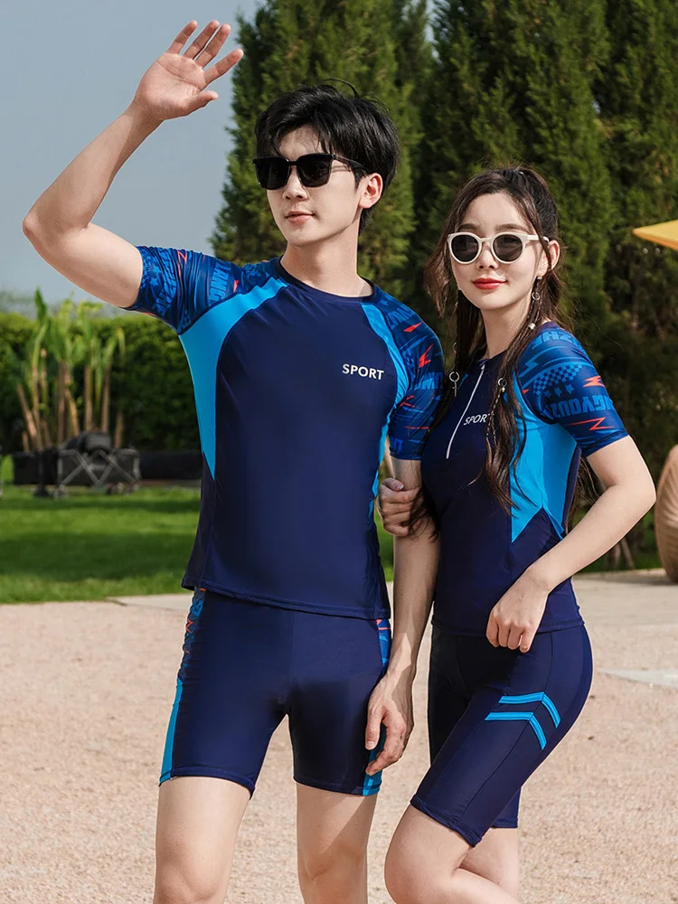 Donna uomo 2 pezzi/set Rash Guard manica corta camicie da bagno protezione solare UV costume da bagno Top costume da bagno con fondo Boylegs