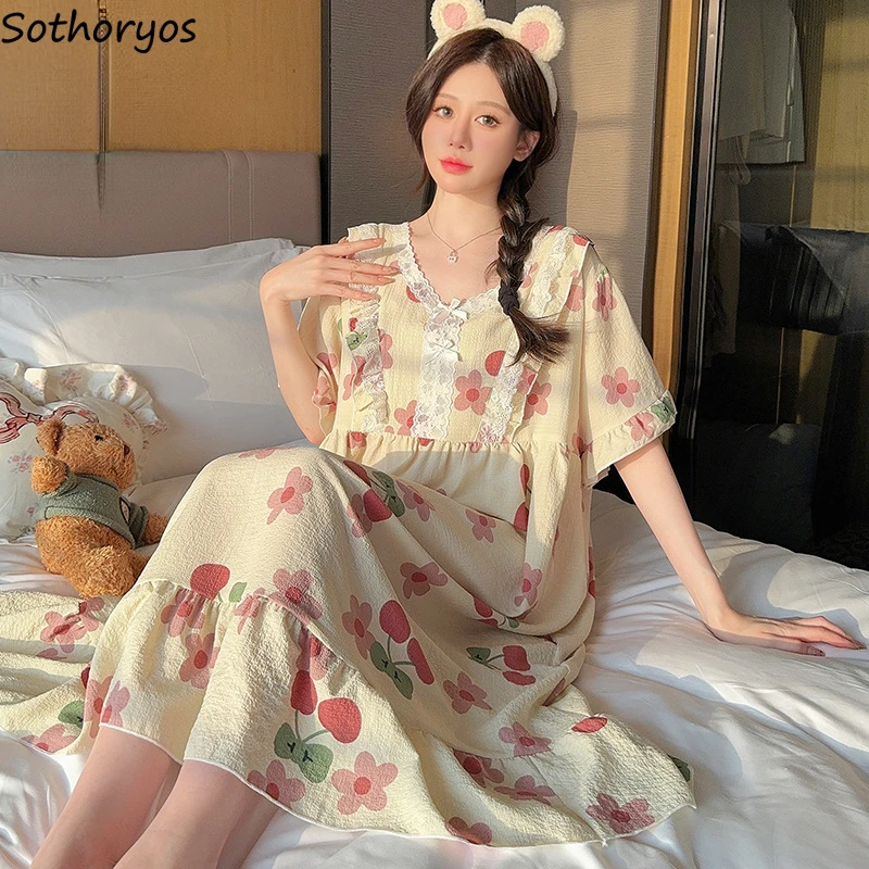 Summer Print Nightgowns Women M-6XL Sweet Ruffles Design Home Aesthetic Sleepwear Girlish Ulzzang All-match Breathable Ins Mujer