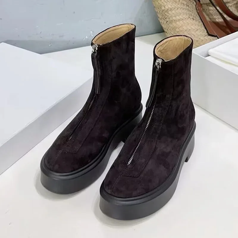 

Женские замшевые однотонные полусапожки на толстой подошве, женские дизайнерские ботильоны на молнии спереди, зимние универсальные ботинки для верховой езды на открытом воздухе