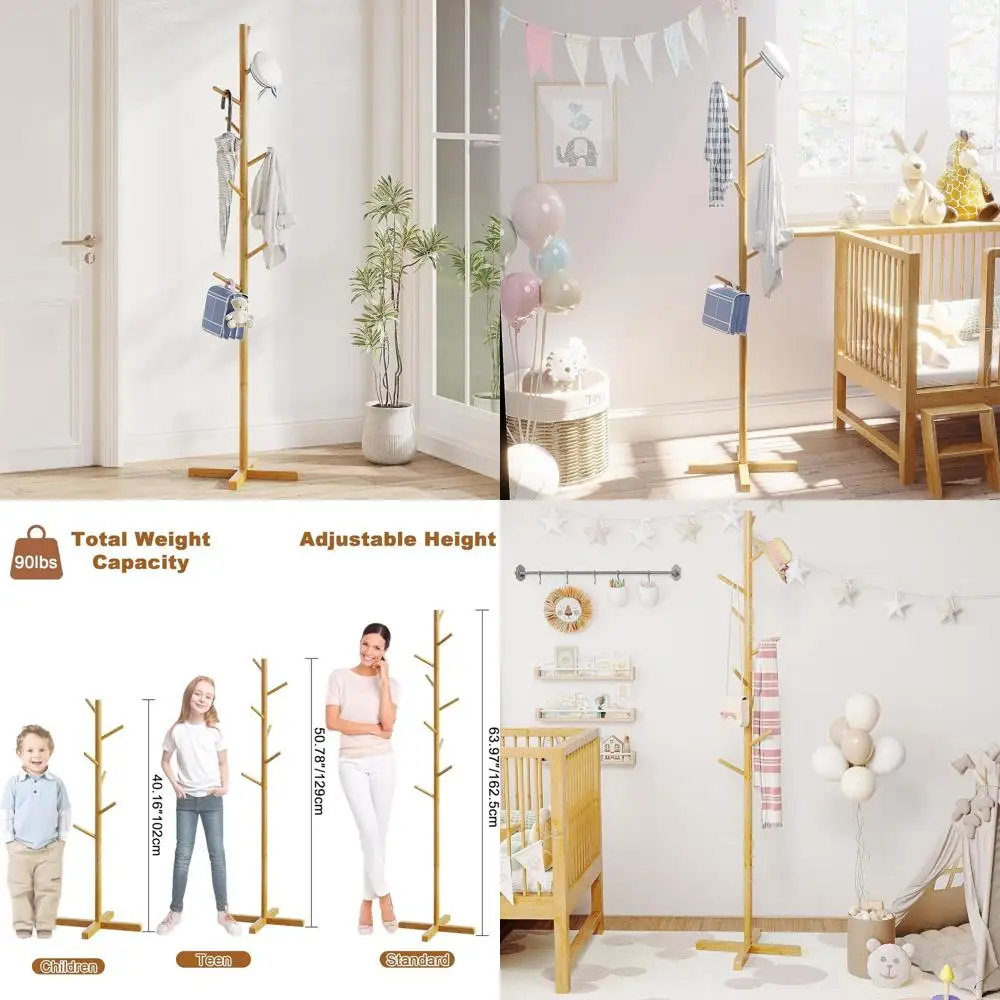 

9-Hook Adjustable Height Bamboo Coat Tree Stand for Kids and Adults, Perfect for Entryway, Bedroom, or Office