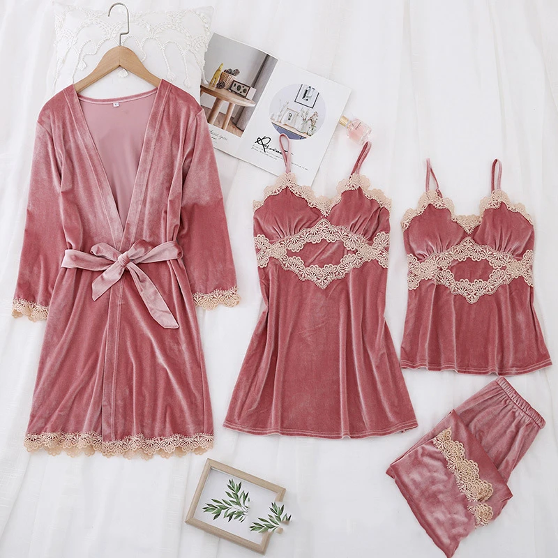 Autumn Winter Female Pajamas Velvet 4PCS Sleepwear Set Sexy Lace Trim Kimono Bathrobe Gown Pijamas Suit Loose Velour Homewear