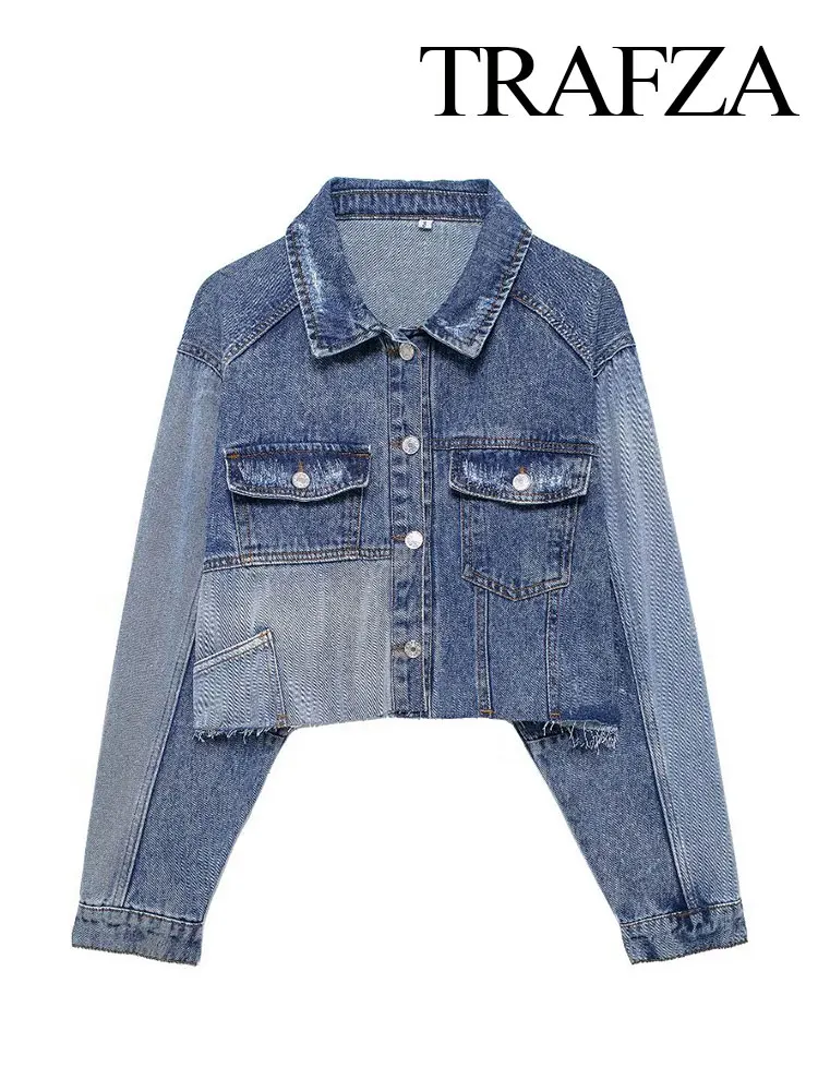 

TRAFZA 2024 Denim Coat Women Fashion Patchwork Loose Cropped Cardigan Top Female Chic Elegant Women's Jacket Tops Trendy TRAF