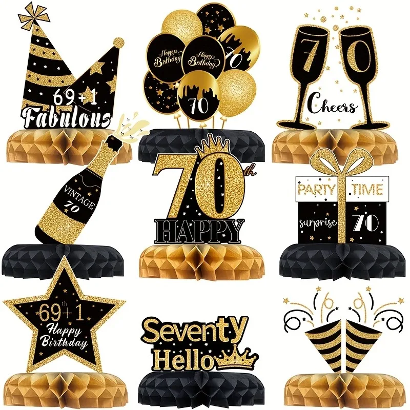 70. Geburtstag Wabendekor-Set, Schwarz-Gold Themen-Tischdekoration mit Kronen- & Champagner-Design für Geburtstagsfeier – Detail 3