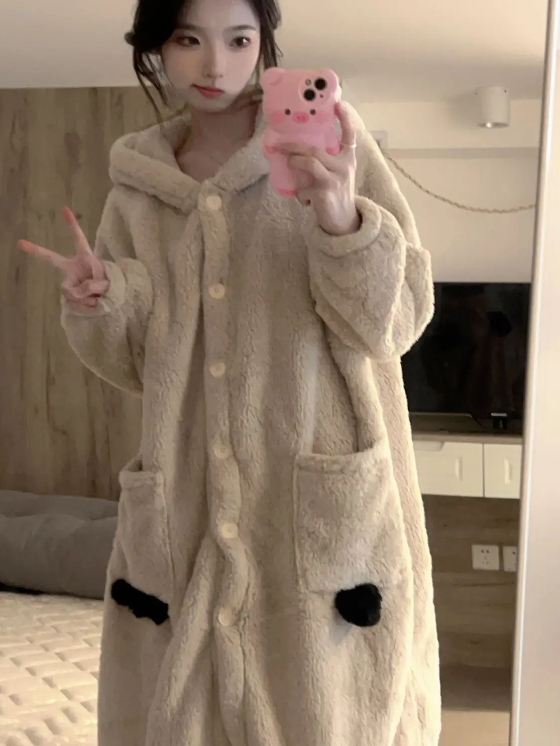 Winter New Women\'s Hooded Robe With Pant Thicken Flannel Warm Home Clothes Long Sleep Dress Cute Bear Design Fluffy Pyjamas Set