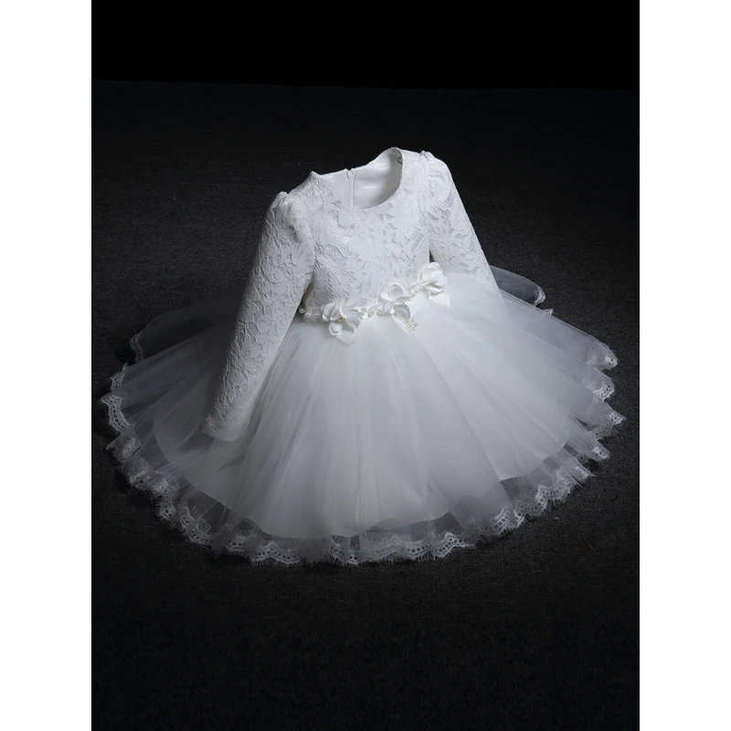 2-10Y Kids Knee-Length Flower Girl Dress Lace Tulle Tiered Formal Prom Gown Beading Appliques Bow Performance Dresses