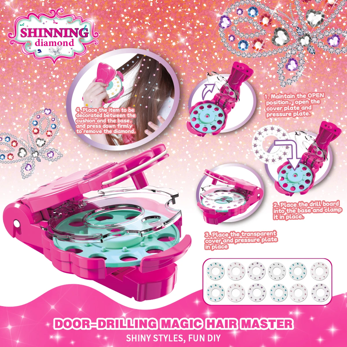 Shinning Diamond Hair Gem Stamper – Ferramenta DIY para penteados brilhantes e mágicos para meninas