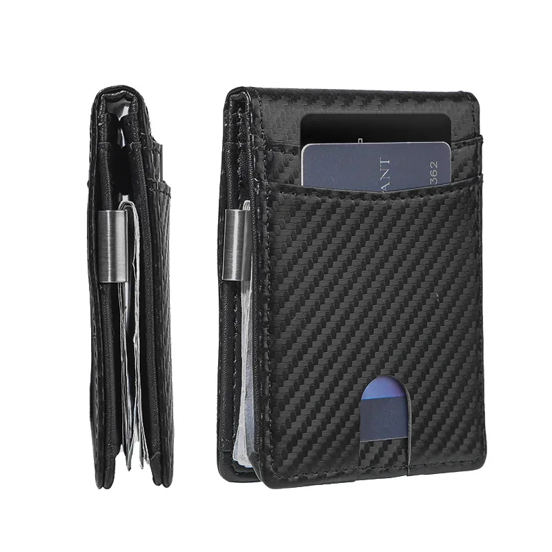 Wear-Resistant Carbon Fiber Pattern PU Leather Slim Wallet for Men Blocking Money Clip Bifold Credit Card Holder Multi-color