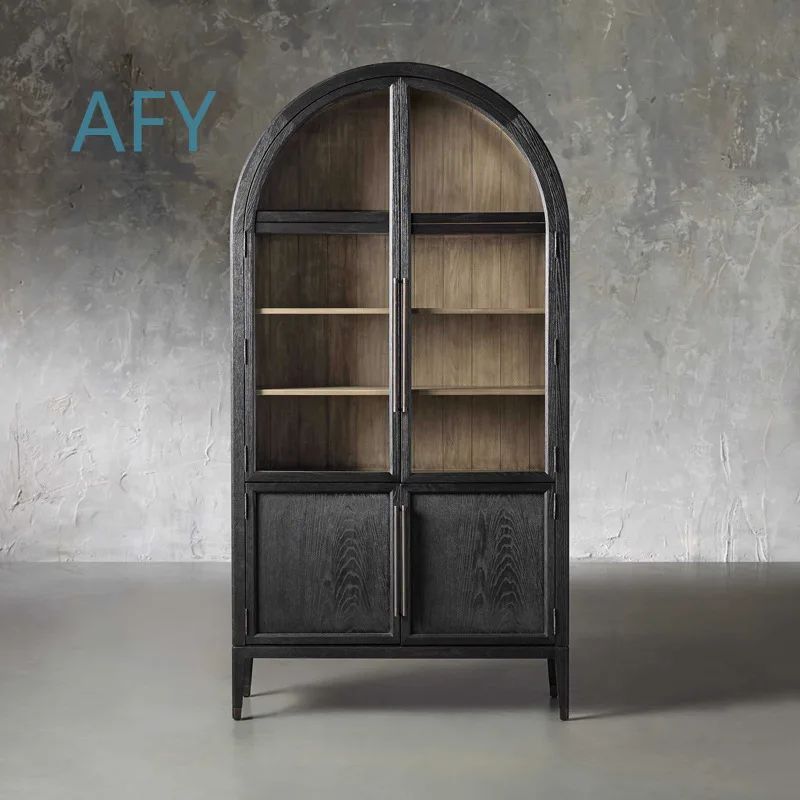 French Vintage Solid Wood Round Bookcase for American Style Black Arched Display Shelf for Kids Study Room Storage Cabinet