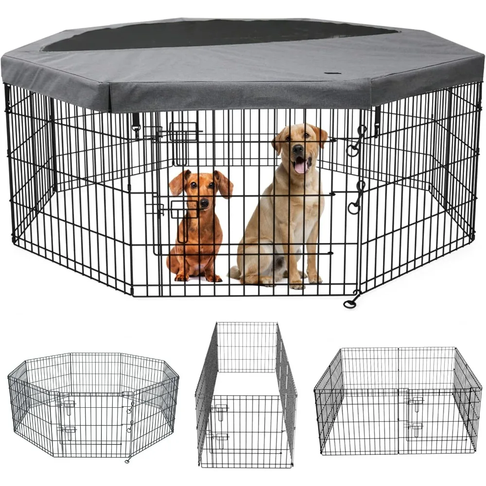 

Foldable Metal Dog Exercise Pen/Pet Puppy Playpen Kennels Yard Fence Indoor/Outdoor 8 Panel 24" W x 36" H with Top Cover