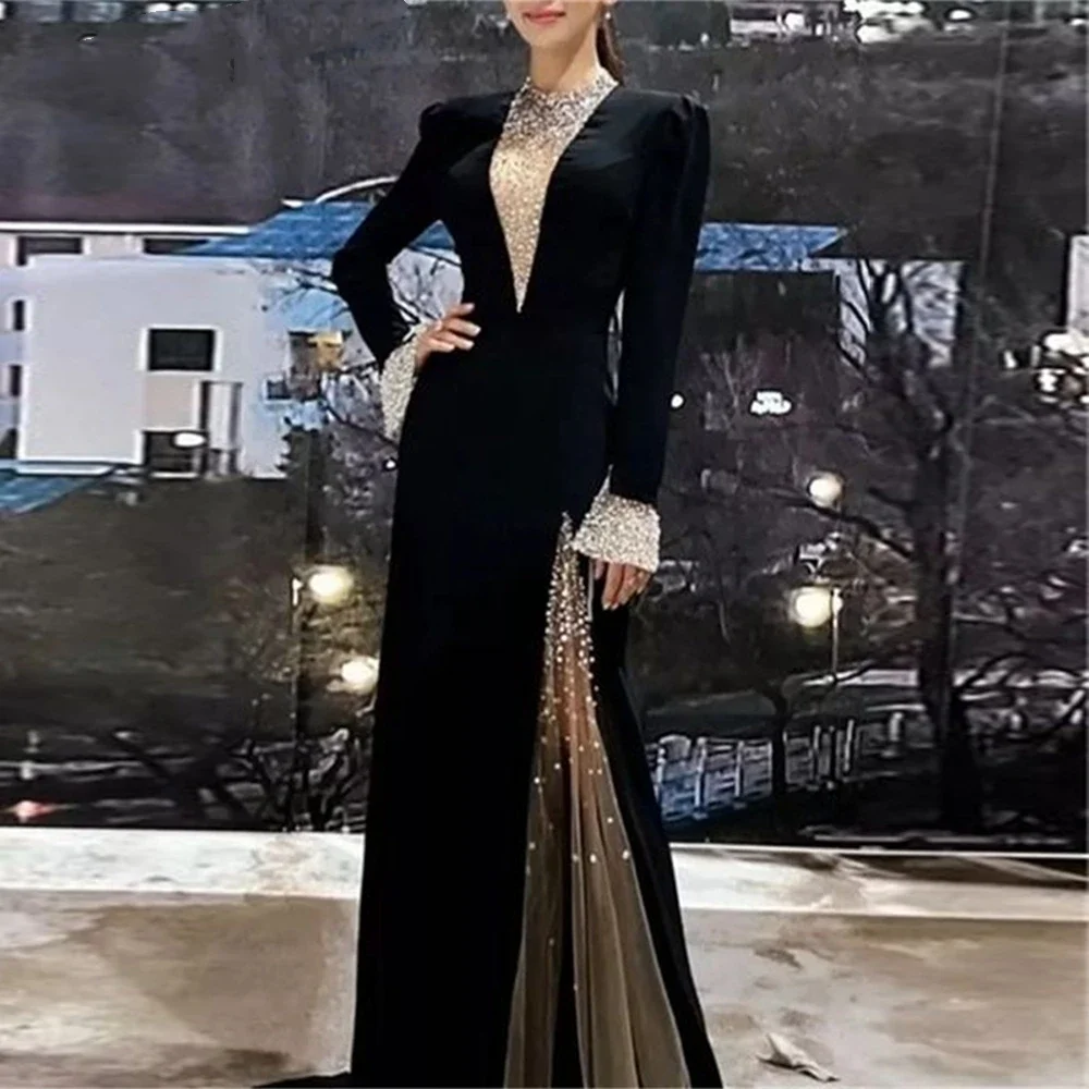 Elegant Black Vintage Gold Velvet Prom Dress Tulle Sparkling Long Sleeve Sparkling Deep O-Neck Mermaid Evening Dresses Robes