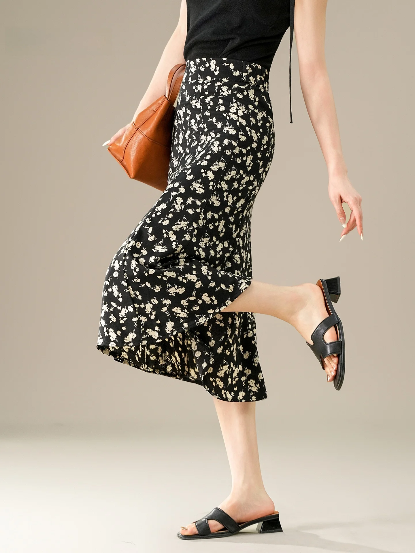 

Floral Print Chiffon ter Ne Dr Women's Summer Slimming Skirt Elastic Waist Fi Tail Mid-Length A-Line Skirt