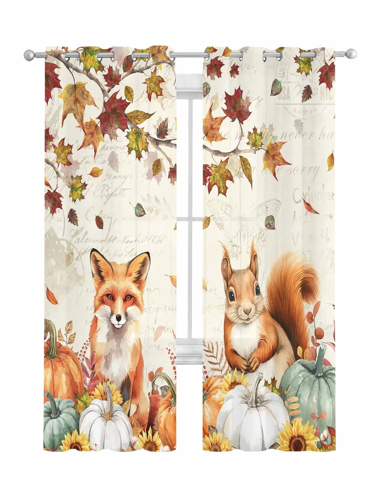 Thanksgiving Pumpkin Fox Squirrel Vintage Letter Curtain Tulle Curtains For Living Room Kitchen Window Treatments Voile Curtains