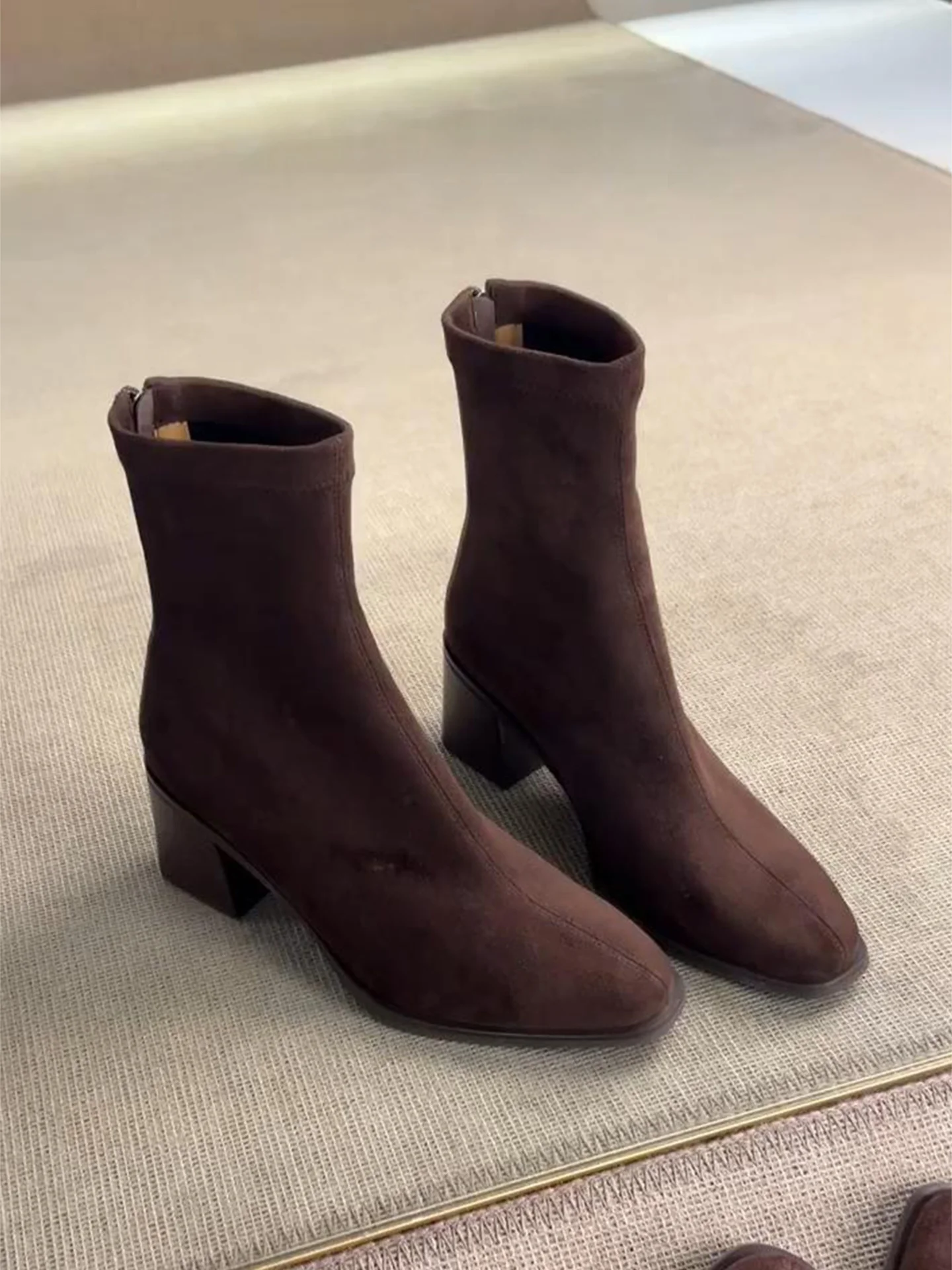 elastic-high-heel-slim-boots-women's-brown-short-boots-retro-style-spring-autumn-square-head-fashionable-comfortable